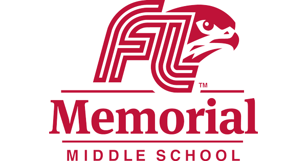 Red and White Memorial Middle School log - the Letters F and L with the head of a falcon