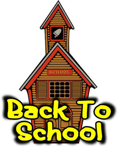 Front of a school with the words "Back to School"
