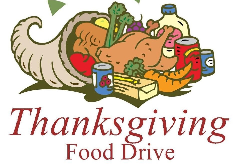 Cornicopia with canned food, milk, a turkey, and fruits and vegetables