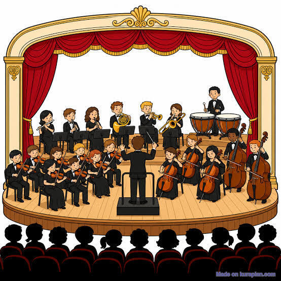 Students on a stage wearling formal clothing and playing instruments in front of an audience