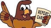 Brown and tan falcon cartoon holding a report card