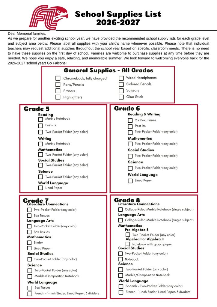 School Supplies List 26/27