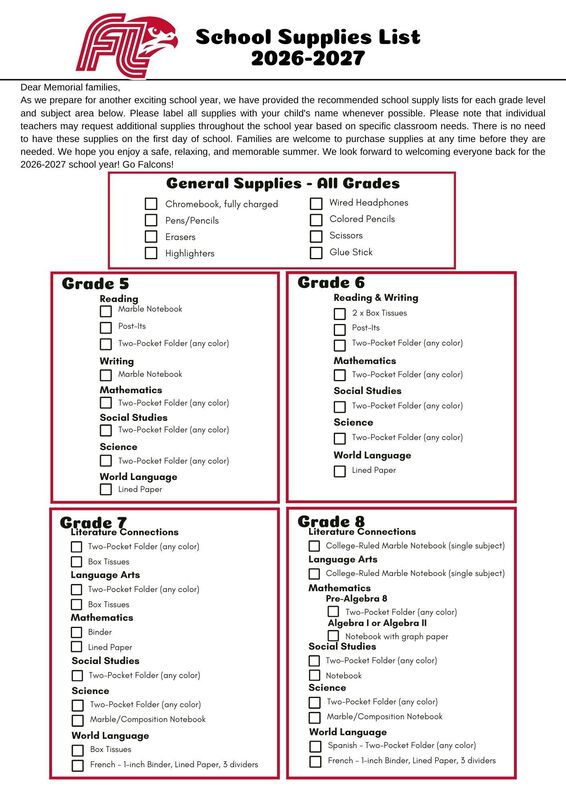 School Supplies List 26/27
