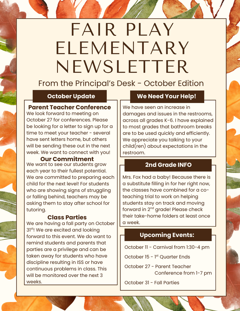 October Elementary Newsletter Front Info