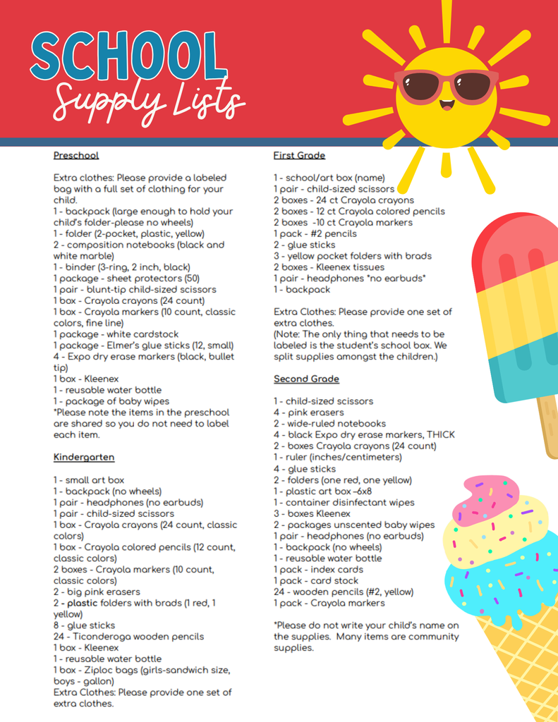 PreK-2nd grade lists