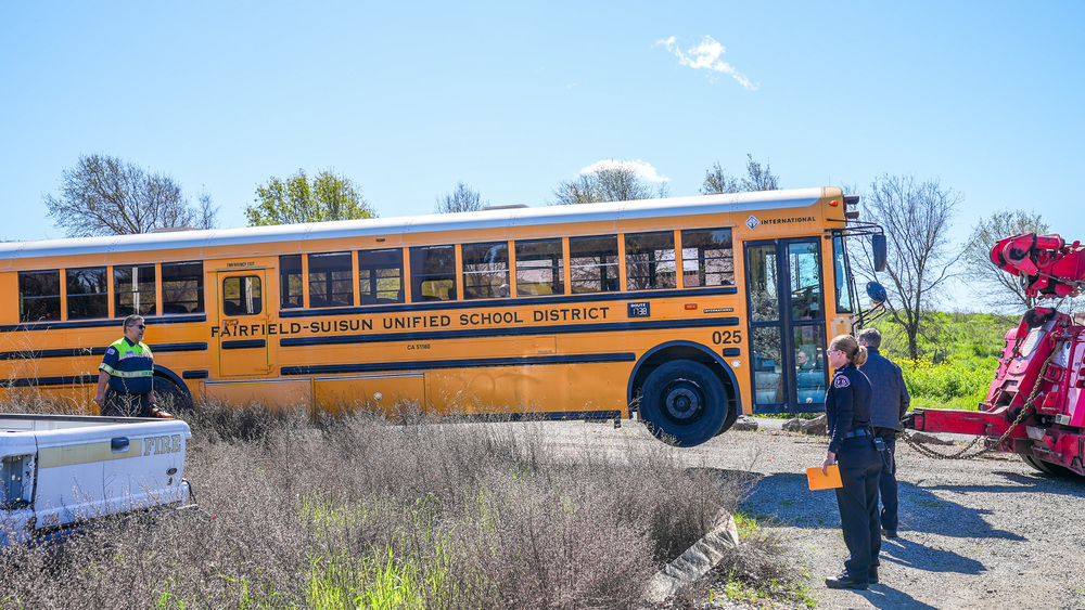 The donated FSUSD school bus on the tow truck
