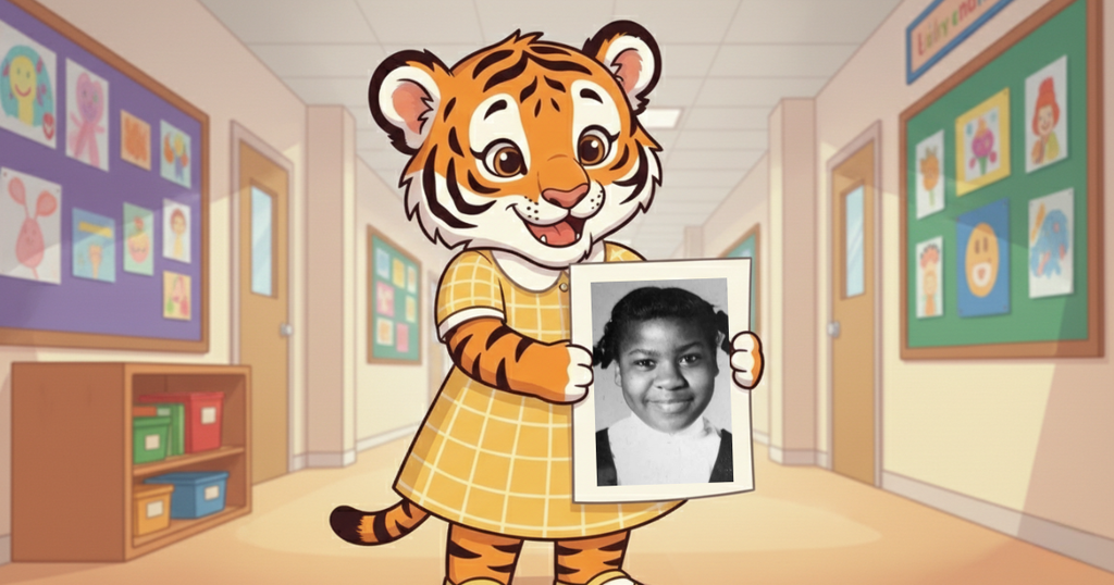 tiger holding up a photo of Audrey Faye Hendricks