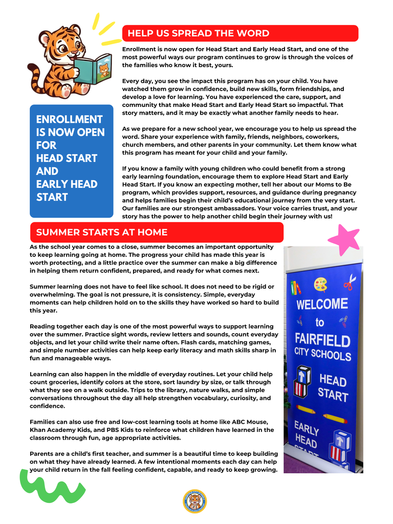 Enrollment and Summer Learning This text-focused page is divided into two main sections: "Enrollment is Now Open" and "Summer Starts at Home". The top section encourages families to act as ambassadors by spreading the word about the program and the "Moms to Be" initiative to neighbors and coworkers. The bottom section provides tips for maintaining educational progress over the summer, such as reading together, practicing sight words, and using digital tools like PBS Kids or ABC Mouse.