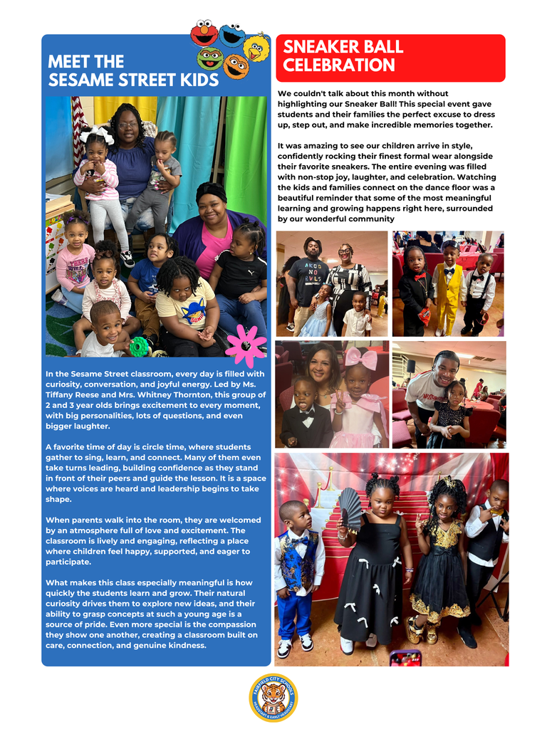 Sneaker Ball and Classroom Spotlight Page 4 features a photograph of two teachers, Ms. Tiffany Reese and Mrs. Whitney Thornton, sitting with a group of approximately eight young children in a colorful classroom. The text highlights the "Sneaker Ball Celebration," where students wore formal attire with sneakers to create community memories. Another section spotlights the "Sesame Street" classroom, describing it as a lively space for 2 and 3-year-olds to build leadership skills and kindness.