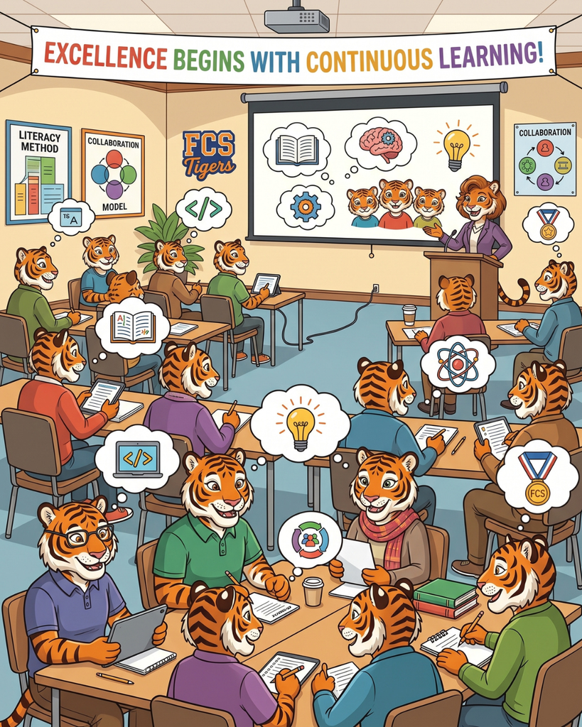 An upbeat digital illustration showing a classroom full of anthropomorphic tiger educators attending a professional development session. At the top, a prominent blue and yellow banner states "EXCELLENCE BEGINS WITH CONTINUOUS LEARNING!". Tiger teachers sit at round tables taking notes, using laptops, and collaborating under wall posters displaying concepts such as "LITERACY METHOD," "COLLABORATION," and icons for technology, critical thinking, and achievement.
