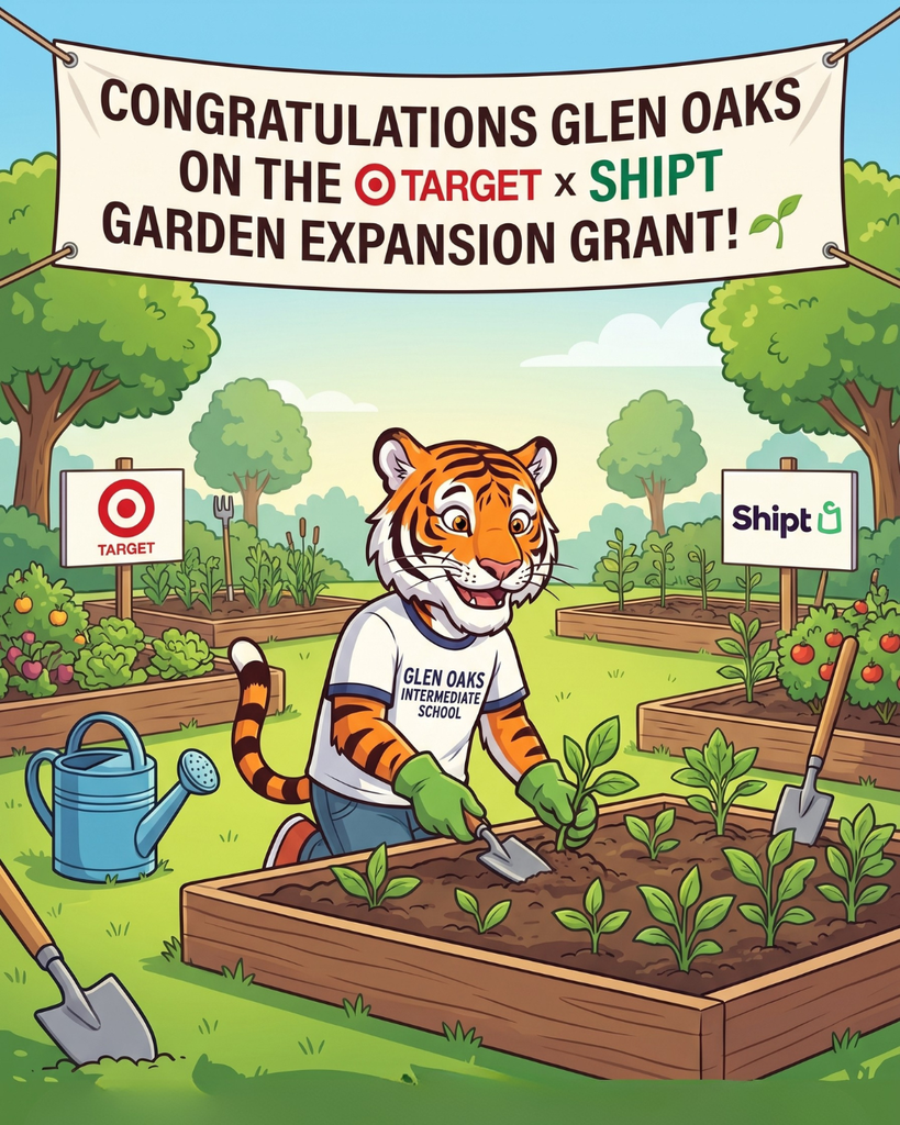 An illustration featuring a friendly tiger mascot in a green shirt labeled "Glen Oaks Intermediate School," gardening in a vegetable patch with a watering can and trowel. Banners above and logos on the garden beds commemorate the Target and Shipt Garden Expansion Grant.