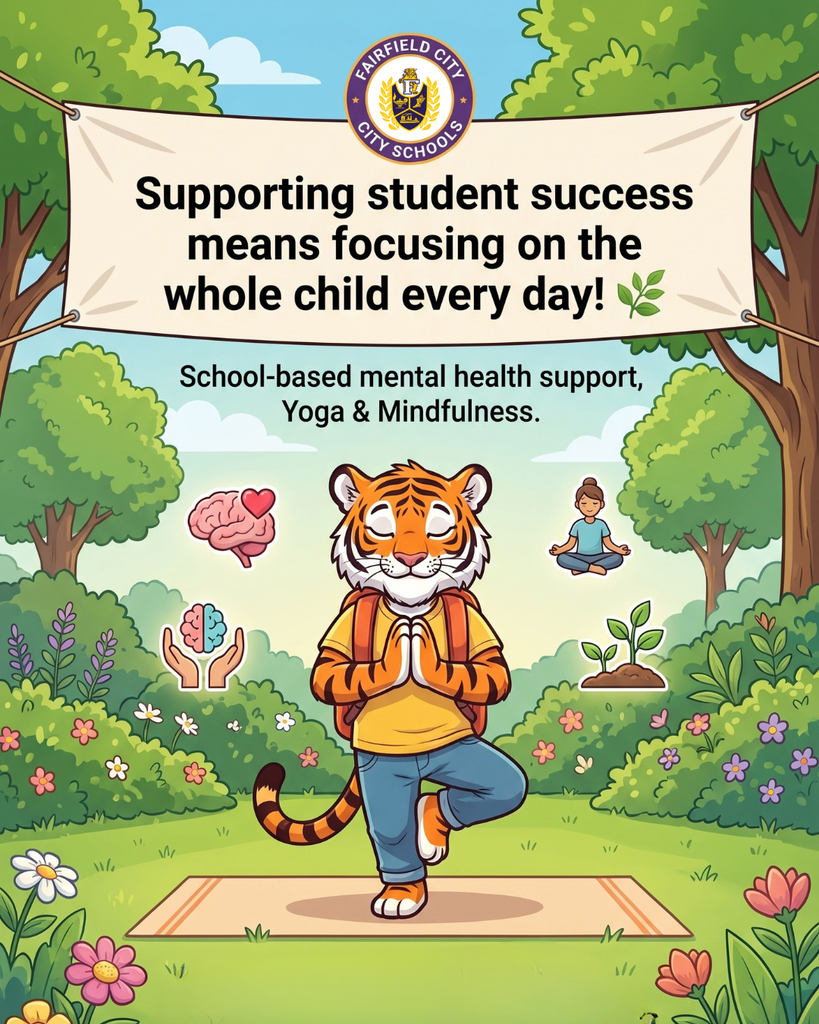 An illustration featuring the Fairfield City Schools tiger mascot sitting cross-legged in a lotus pose on a yoga mat in an outdoor park. Above the mascot, a scroll-style banner reads, "Supporting student success means focusing on the whole child every day!" Below the banner, text states, "School-based mental health support, Yoga & Mindfulness." Small floating icons around the mascot depict a brain, a glowing lightbulb, and people supporting each other.