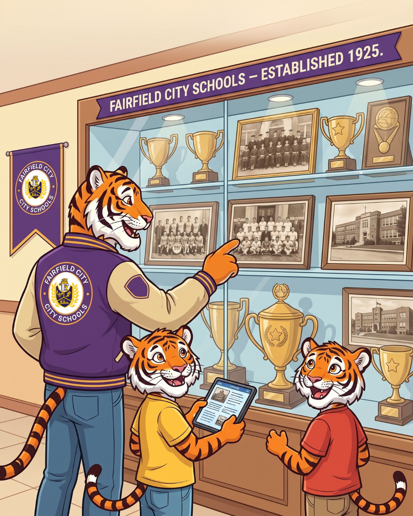 An illustration set inside a school hallway featuring three tiger mascots gathered in front of a wooden display case labeled "Fairfield City Schools — Established 1925." The display case holds trophy cups, framed historical photographs, and school seals. The mascots, dressed in blue, white, and red apparel, smile and point up toward the trophies and memories on display.