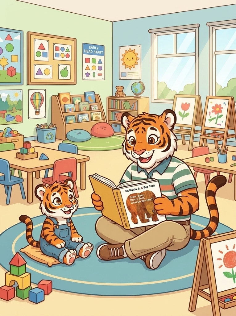 A colorful cartoon illustration of an adult tiger teacher sitting cross-legged on a classroom rug, reading the book Brown Bear, Brown Bear, What Do You See? to an attentive tiger cub wearing blue overalls. The bright Early Head Start classroom features bookshelves, easels with flower paintings, building blocks, and learning posters on the walls.