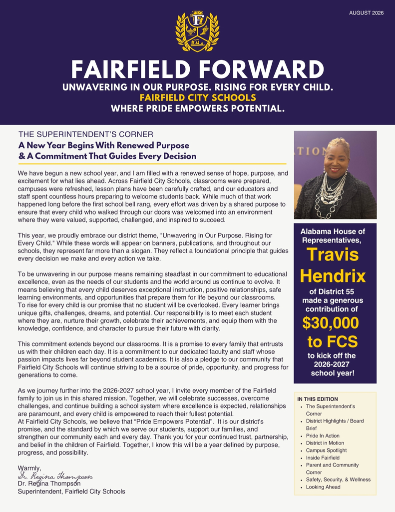 Fairfield City Schools August 2026 newsletter cover titled "Fairfield Forward." Features a welcome message from Superintendent Dr. Regina Thompson about the new school year theme, "Unwavering in Our Purpose. Rising for Every Child." Includes a portrait of Dr. Thompson in black attire with layered silver pearl necklaces, a highlight of a $30,000 contribution from State Representative Travis Hendrix, and a table of contents.