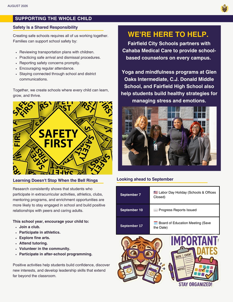 Concluding page featuring a "Safety First" yellow road sign graphic, a portrait of four smiling district staff members outdoors, and an illustrated tiger mascot next to an "Important Dates" calendar. Key September dates include Labor Day (Sept 7), Progress Reports (Sept 10), and Board of Education Meeting (Sept 17), alongside an announcement for after-school care at Forest Hills Community Development Center.