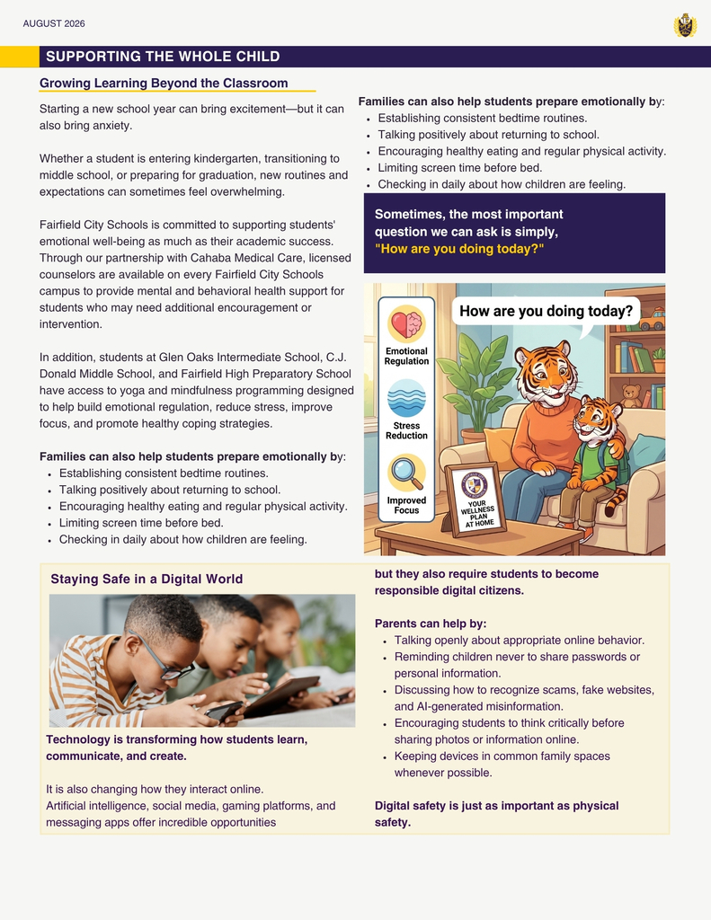 Page focusing on emotional wellness and digital safety guidelines for families. Top image shows three young students looking attentively at handheld digital screens. The text provides checklists for establishing healthy home routines, asking supportive daily check-in questions, and guiding students on responsible online behavior.