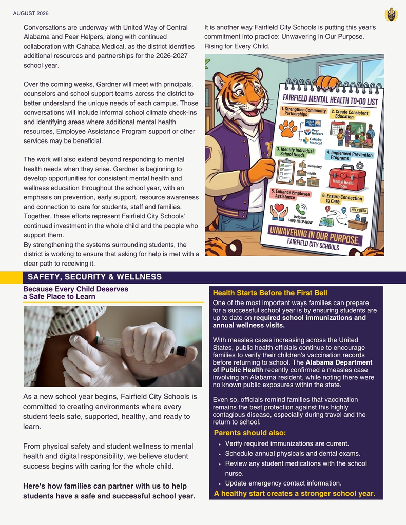 Page titled "Safety, Security & Wellness" featuring an illustrated Fairfield tiger mascot pointing to a "Fairfield Mental Health To-Do List" with six action steps. Below is an article emphasizing back-to-school health and immunizations, accompanied by a close-up photo of a healthcare worker administering a vaccine.