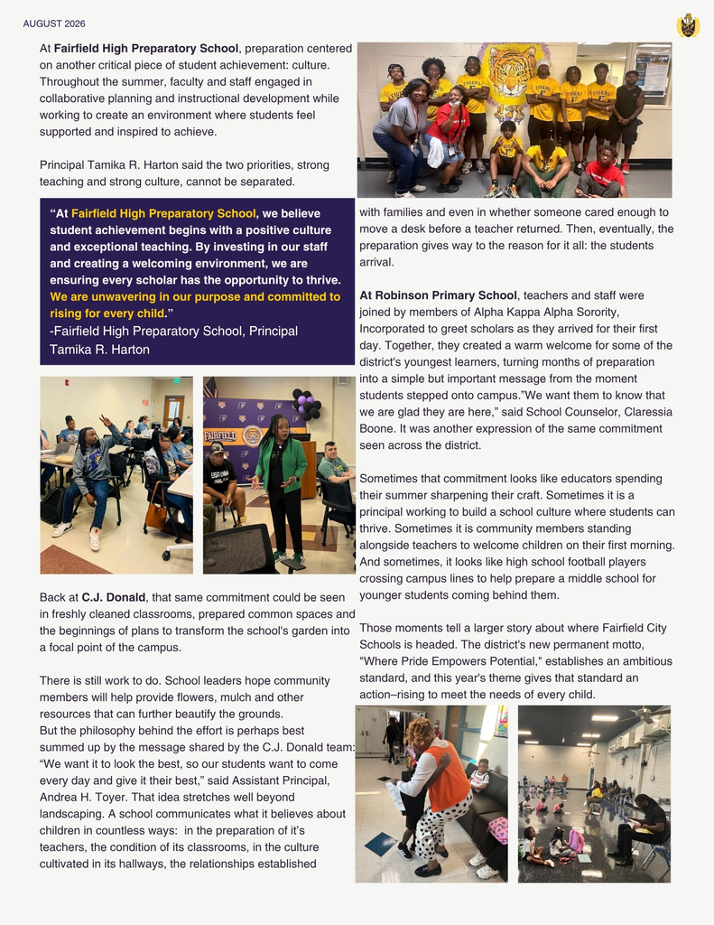 Page featuring back-to-school community engagement across schools. Photos display the Fairfield High Preparatory School football team posing in gold Tiger shirts in front of a tiger mural, staff leading collaborative planning sessions, and Robinson Primary School educators and Alpha Kappa Alpha Sorority members warmly greeting young students on their first day.