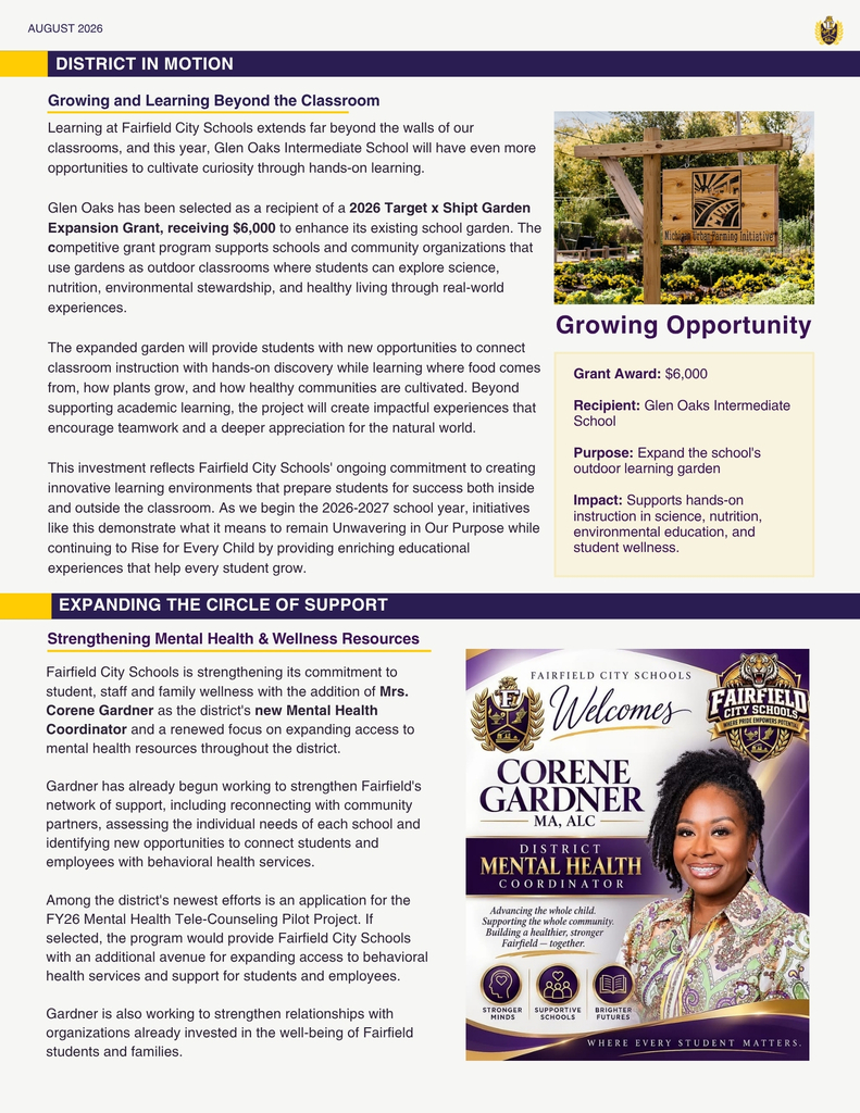 Page titled "District in Motion" highlighting two main stories. Top section features a wooden sign for an urban garden announcing Glen Oaks Intermediate School's $6,000 Target x Shipt Garden Expansion Grant. Bottom section welcomes Corene Gardner, MA, ALC, as the new District Mental Health Coordinator, alongside a graphic detailing mental health support pillars: Stronger Minds, Supportive Schools, and Brighter Futures.
