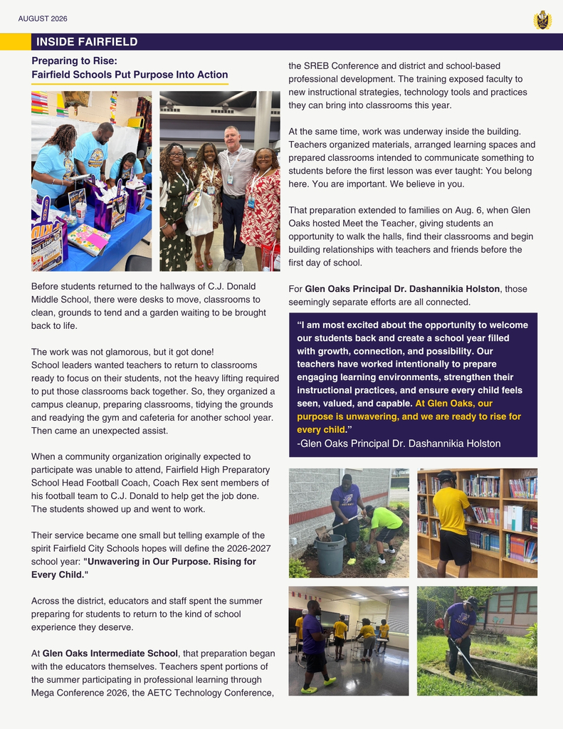 Page titled "Inside Fairfield: Preparing to Rise" detailing summer campus preparations. Includes a collage of photos: staff setting up gift bags, educators smiling at professional development conferences, and student-athletes alongside volunteers doing landscaping, cleaning classrooms, and organizing library bookshelves at C.J. Donald Middle School.