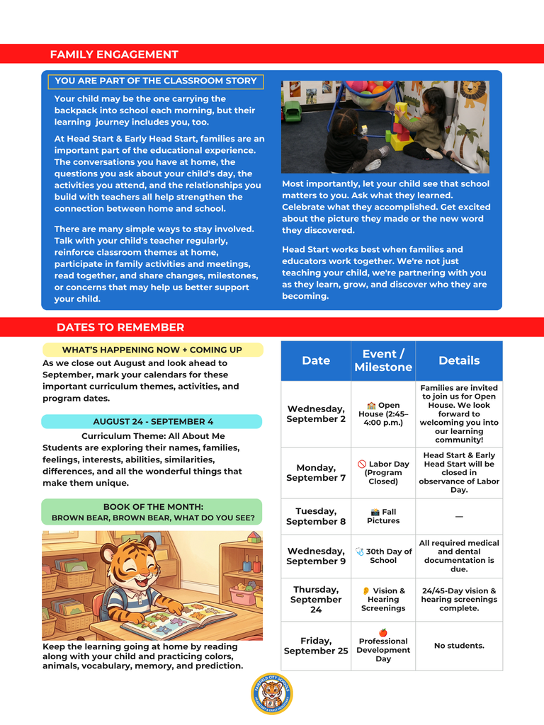 This page highlights family partnership and upcoming events, illustrated with a photo of toddlers playing with building blocks in a classroom and a cartoon of a smiling tiger cub with a backpack reading an open book. Under "Family Engagement," parents are encouraged to connect with educators, attend meetings, and celebrate daily learning milestones. A "Dates to Remember" table outlines key September 2026 dates, including Open House (September 2), Labor Day closure (September 7), Fall Pictures (September 8), document and screening deadlines (September 9 & 24), and a Professional Development Day (September 25).