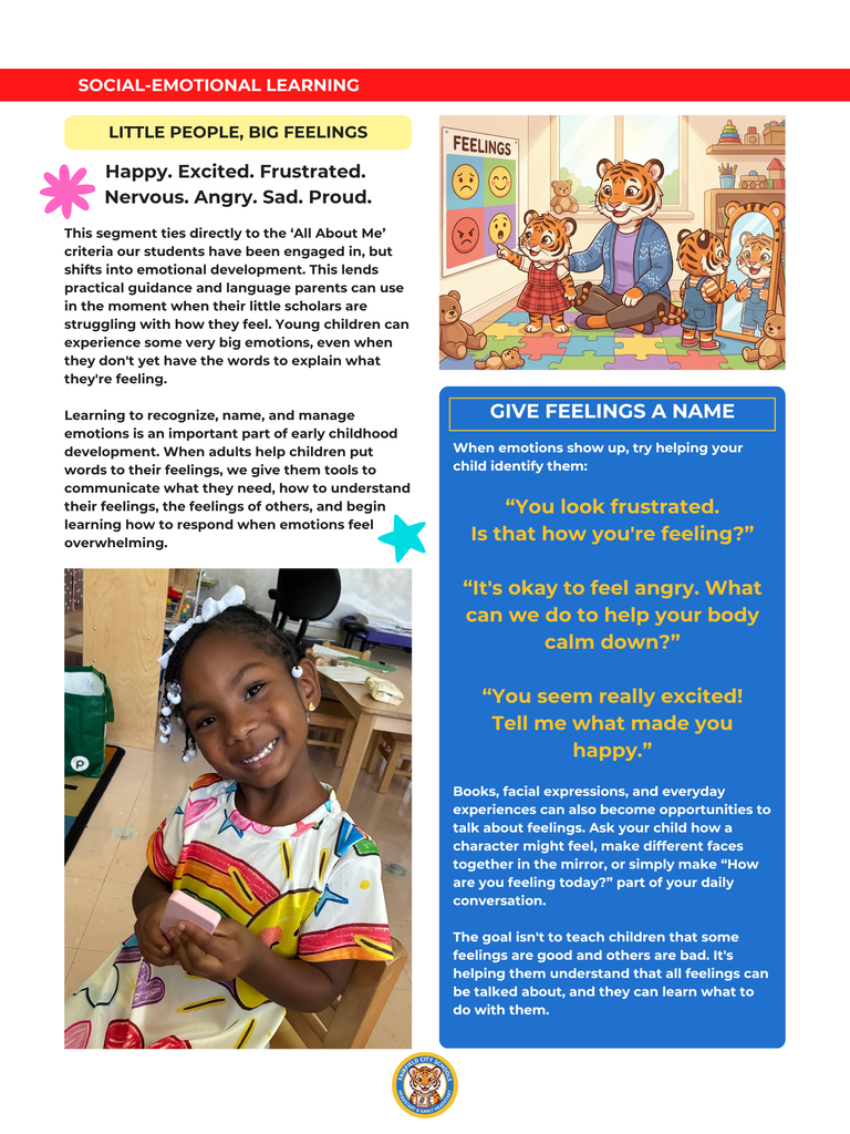 This page covers social-emotional development and features an illustration of an adult tiger sitting with two cubs near a "Feelings" emotion chart and mirror, alongside a photograph of a smiling young girl holding a block in a classroom. Titled "Little People, Big Feelings," the article discusses helping young scholars recognize, name, and manage emotions. It provides sample conversation starters for parents to validate feelings, such as frustration or excitement, and suggests using mirrors, books, and daily check-ins to build emotional communication.
