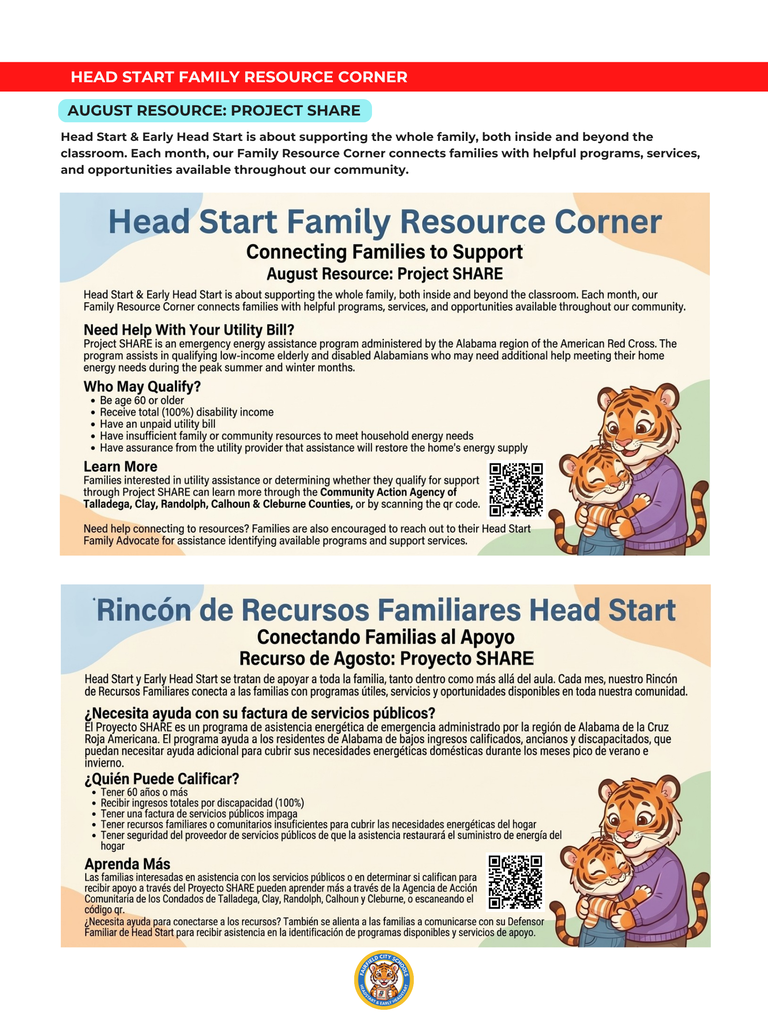 This page provides family resource information in both English and Spanish, accompanied by a heartwarming illustration of an adult tiger warmly hugging a tiger cub. It introduces the August feature, Project SHARE—an emergency energy assistance program run by the American Red Cross to help qualifying low-income, elderly, and disabled individuals with utility bills during peak temperature months. The text lists eligibility guidelines, directs families to contact the Community Action Agency or their Head Start Family Advocate, and provides a QR code for direct access.