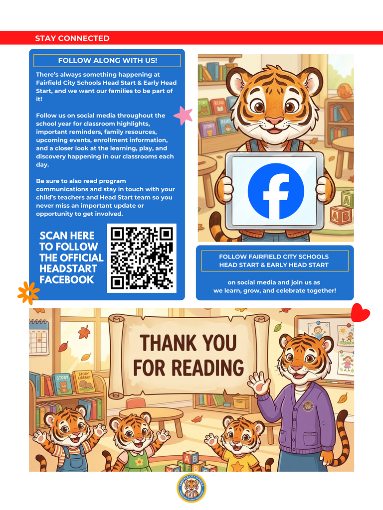This concluding page encourages community connection and features a large, prominent QR code allowing families to scan and follow the official Fairfield City Schools Head Start Facebook page. The surrounding text invites families to stay engaged via social media for real-time announcements, classroom highlights, events, and enrollment updates, closing with a colorful graphic of books, blocks, and a "Thank You for Reading" banner.