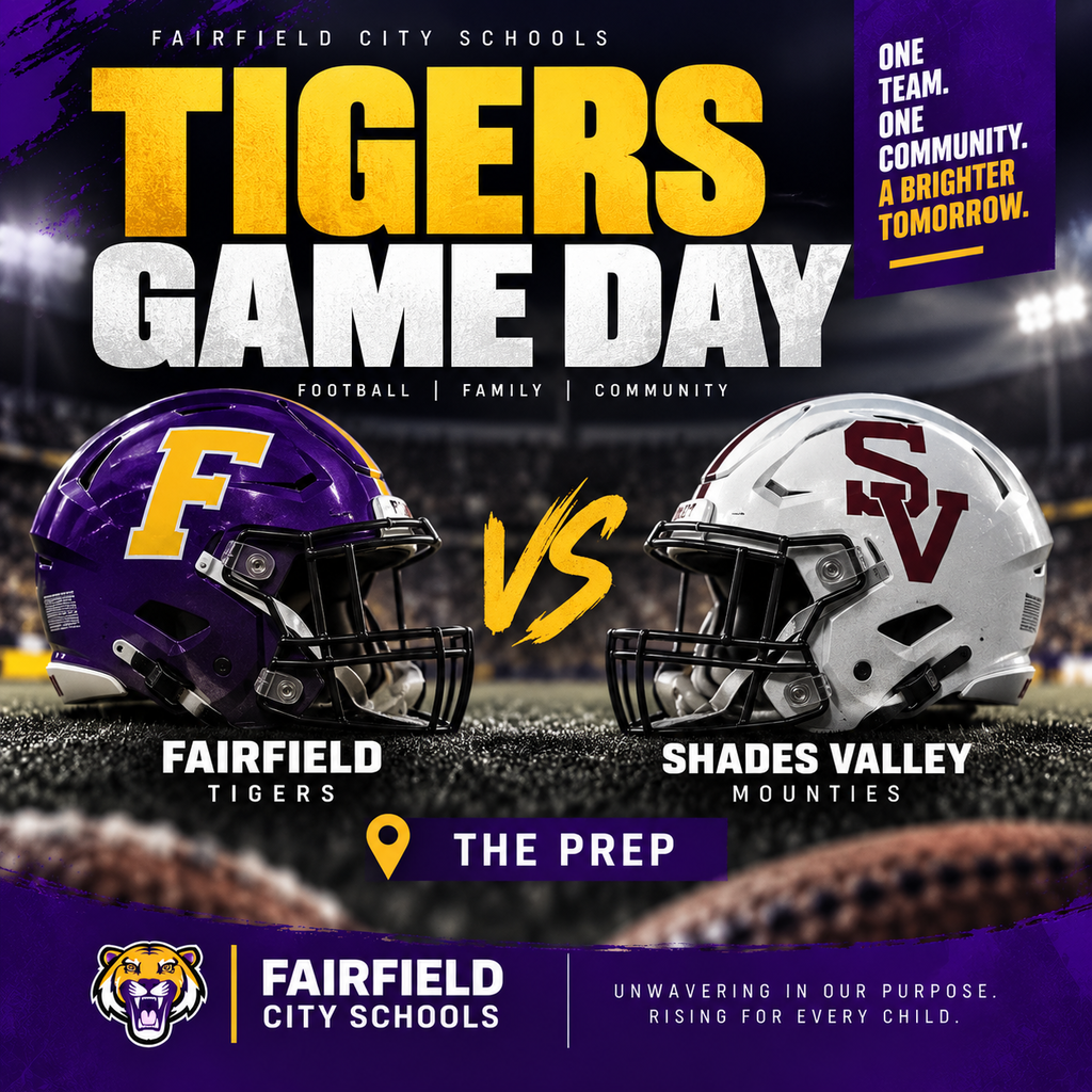 🏈🎺📣 It's Fairfield Friday! There's nothing quite like game day in Fairfield. From our student-athletes taking the field to the sounds of the band, our cheerleaders on the sidelines, families in the stands, and alumni coming home to support the Tigers, Friday nights showcase the spirit of our entire community. Tonight, let's fill the stands and show them what Fairfield Pride looks like! 🏈 Fairfield Tigers vs. Shades Valley High School 📍 The Prep Come ready to cheer. Come ready to represent. 💜💛 Go Tigers! #FairfieldFriday #TigerPride #FairfieldCitySchools #FridayNightLights #FairfieldProud