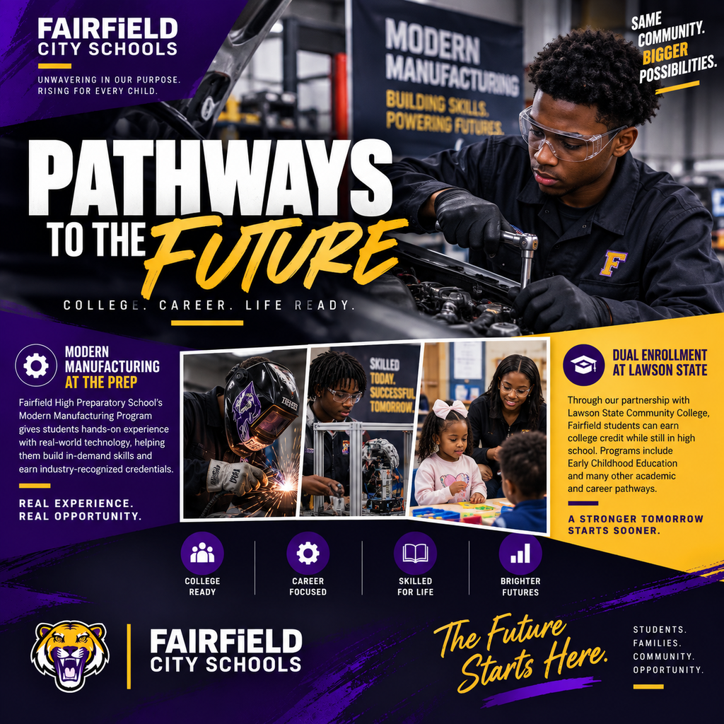🛠️🎓 Pathways to the Future: Preparing for Life After The Prep College. Career. Credentials. Skilled trades. At Fairfield High Preparatory School, preparing students for life after graduation means giving them opportunities to begin exploring their future before they ever walk across the graduation stage. Through FHPS’s Modern Manufacturing Program, students gain hands-on exposure to the skills and technology used in today’s manufacturing industry. The program offers opportunities for students to develop practical skills that can connect directly to future careers. And the learning is hands-on! Earlier this year, Honda donated a 2025 Honda Passport to the program, giving students an opportunity to work directly with a modern vehicle and learn how its components are assembled, disassembled and put back together. 🎓 For students with college in their plans, the pathway can begin early, too. Through Fairfield’s partnership with Lawson State Community College, eligible students can pursue dual-enrollment opportunities and begin earning college credit while still attending high school. Lawson State offers pathways across academic and career fields, including Early Childhood Education, giving students another way to begin working toward their postsecondary goals. Different students have different goals. Our job is to help them discover the opportunities available, build skills, and leave Fairfield prepared to pursue the future they envision. 💜💛 The future starts here. #PathwaysToTheFuture #CollegeAndCareerReady #ModernManufacturing #DualEnrollment #CTE #FairfieldPrep #FairfieldCitySchools