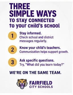 🏠📚 Three Simple Ways to Stay Connected to Your Child’s School Family engagement doesn’t have to be complicated. Small, consistent actions can help you stay connected to your child’s learning and school experience. 📱 Stay informed. Check school and district messages regularly for important dates, opportunities, and updates. 🍎 Know your child’s teachers. Communication with teachers helps families understand progress, celebrate growth, and address concerns early. 💬 Ask specific questions. Instead of only asking, “How was school?” try, “What did you learn today?” or “What was the most interesting thing you did?” Strong school-family connections help us better support every scholar. 💜💛 We’re on the same team. #FamiliesAndFairfield #FamilyEngagement #FairfieldFamilies #FairfieldCitySchools #StudentSuccess