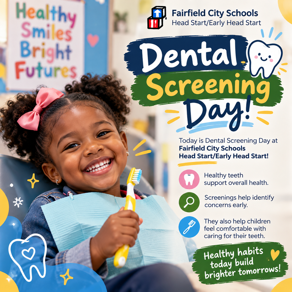 Today is Dental Screening Day at Fairfield City Schools Head Start/Early Head Start! Healthy teeth are an important part of a healthy start. Regular dental screenings can help identify concerns early while helping children become familiar and comfortable with caring for their teeth. For young children, those healthy habits begin one toothbrush, one checkup and one smile at a time. Today, we’re helping our little learners keep those smiles shining bright. 🪥✨ #FCSHeadStart #EarlyHeadStart #HealthySmiles #WholeChild #HeadStartHealth