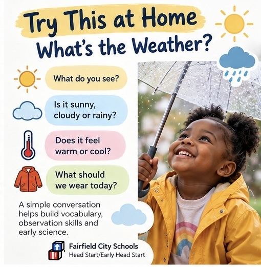 Before heading out the door tomorrow morning, take 30 seconds to look outside together. Ask your child: What do you see? Is it sunny, cloudy or rainy? Does it feel warm or cool? What should we wear today? That tiny conversation introduces observation, vocabulary, decision-making and early science. No worksheet required. Sometimes learning begins by simply asking a child to notice the world around them. #GrowingTogether #FCSHeadStart #HeadStartAtHome #EarlyLearning #WeatherWatch