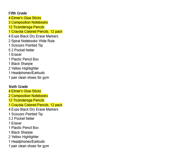 School Supplies Needed at Fairfield Elementary Schools