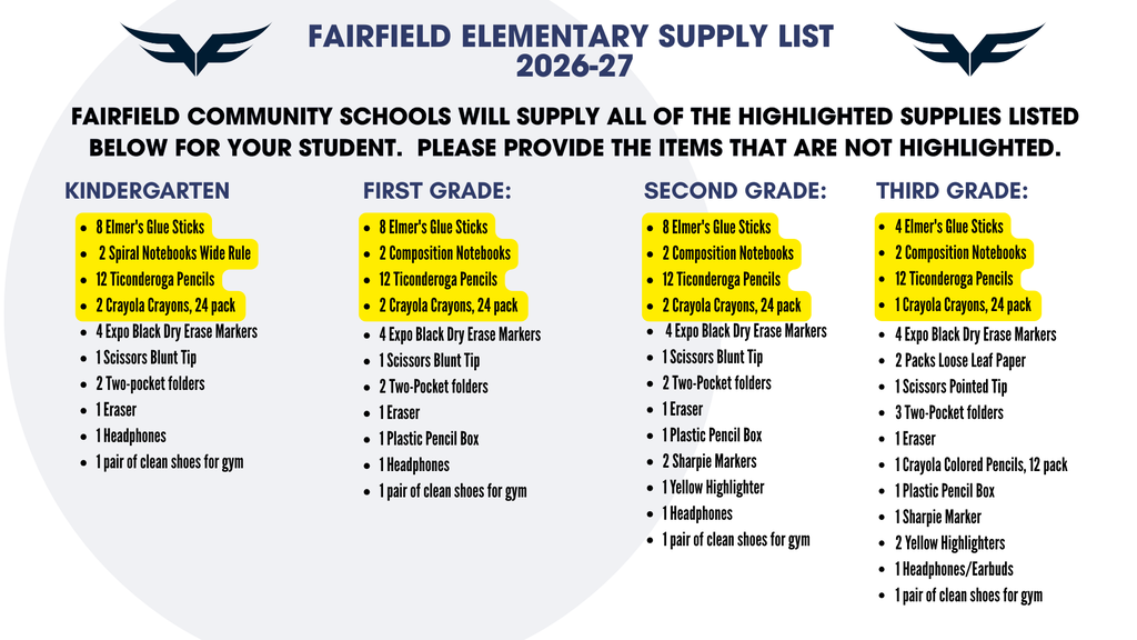 Elementary Supplies List for K-3rd Grade