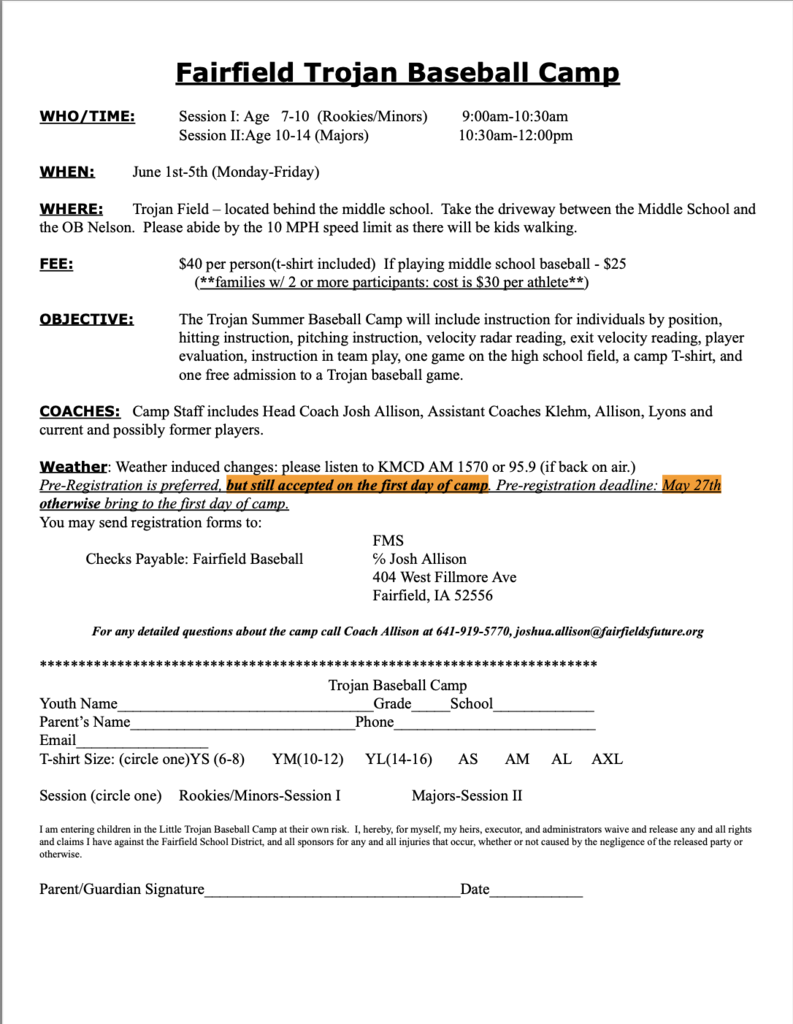 Baseball Camp flyer