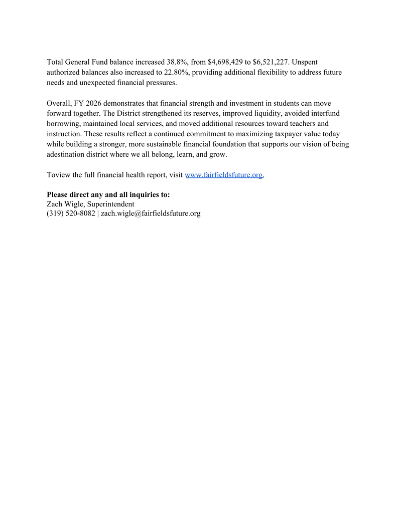 FCSD Press Release - Financial Health Report 2026
