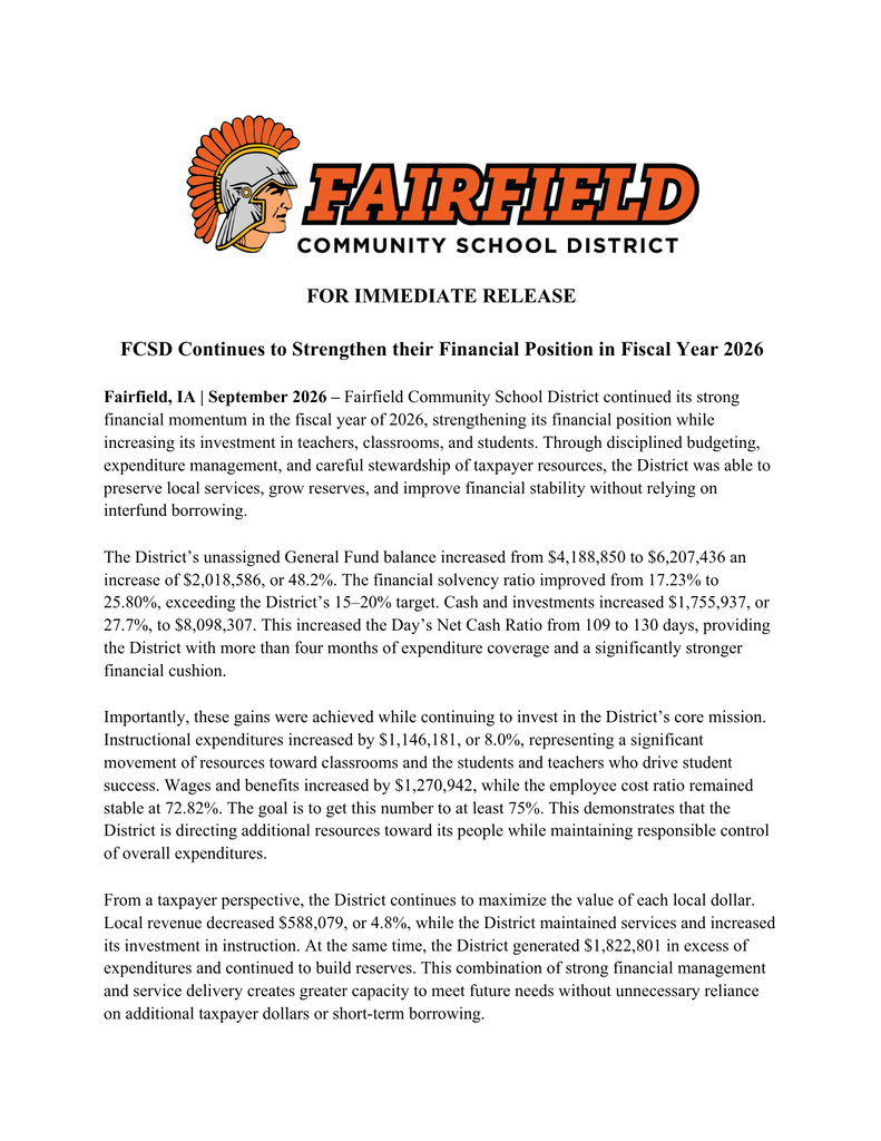 FCSD Press Release - Financial Health Report 2026