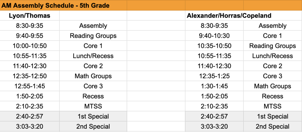 5th grade assembly schedule