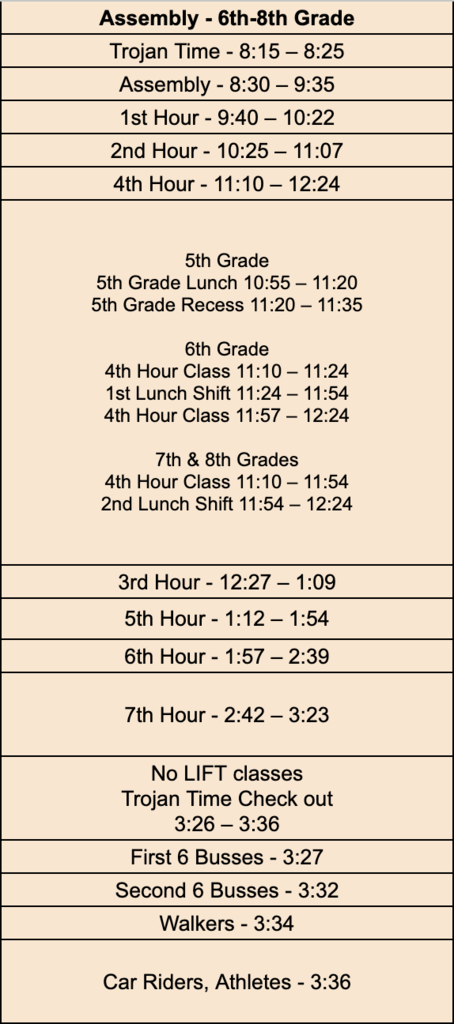 6th-8th Grade Assembly Schedule