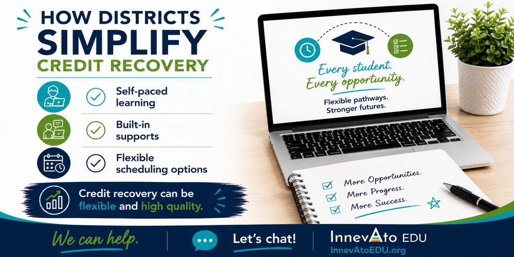 How Districts Simplify Credit Recovery ✅ Self-paced learning ✅ Built-in supports ✅ Flexible scheduling options Credit recovery can be flexible and high quality. We can help. Let's chat!  InnevAtoEDU.org 