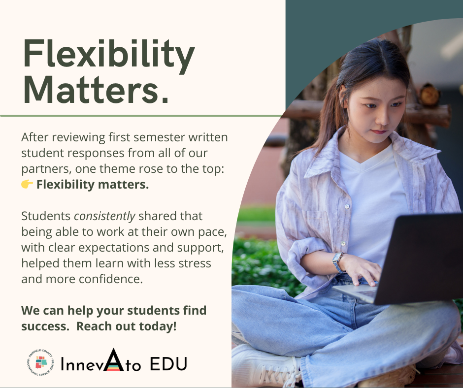 After reviewing first semester written student responses from all of our partners, one theme rose to the top: 👉 Flexibility matters.   Students consistently shared that being able to work at their own pace, with clear expectations and support, helped them learn with less stress and more confidence.   We can help your students find success.  Reach out today! 