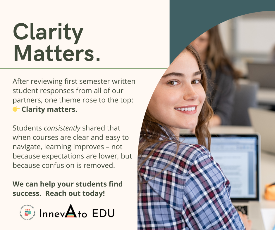 After reviewing first semester written student responses from all of our partners, one theme rose to the top: 👉 Clarity matters. Students consistently shared that when courses are clear and easy to navigate, learning improves – not because expectations are lower, but because confusion is removed. We can help your students find success.  Reach out today!  InnevAtoEDU.org
