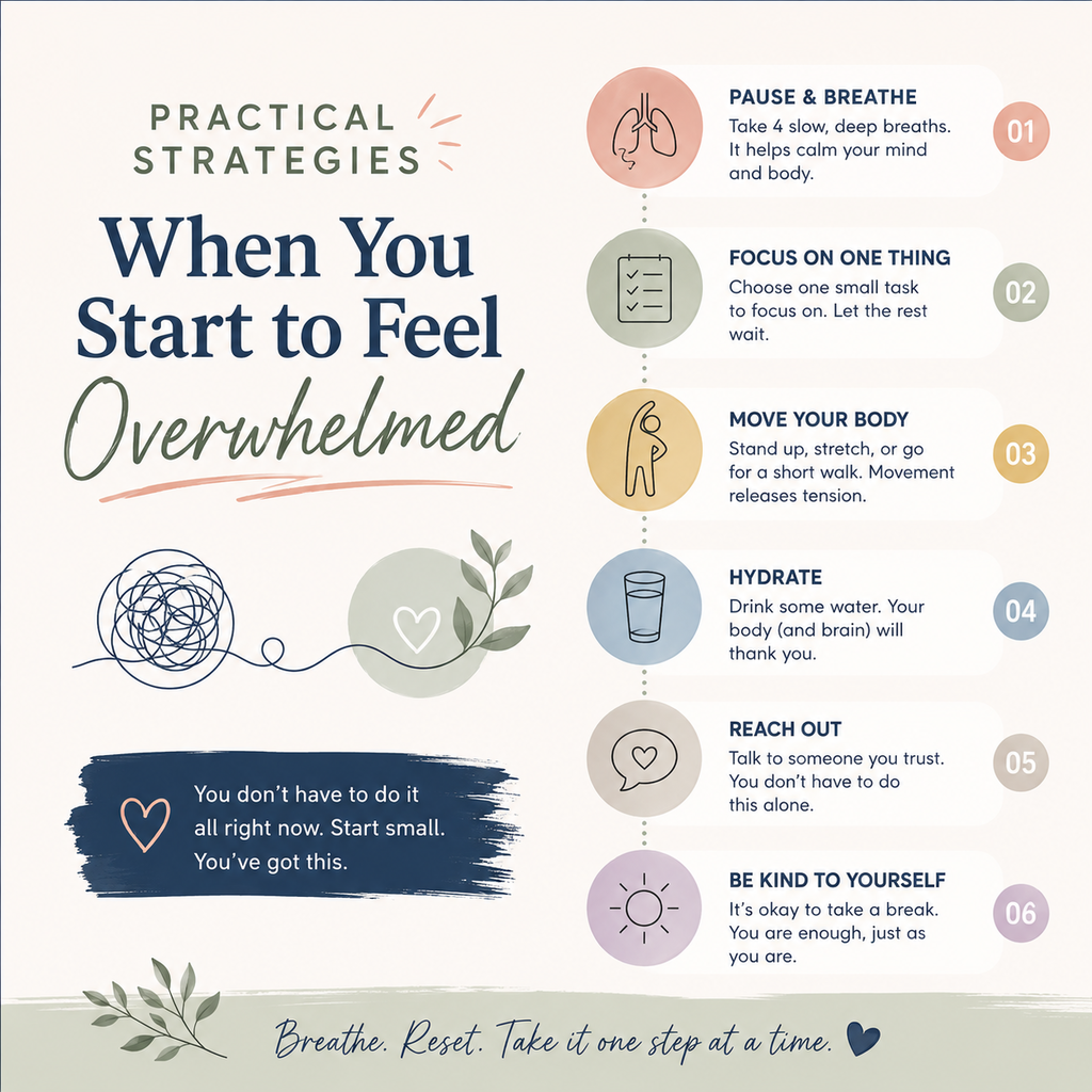 Feeling overwhelmed? Pause before you push through. 💚 ✨ Take 3 deep breaths ✨ Focus on one thing at a time ✨ Step outside for fresh air ✨ Give yourself permission to slow down