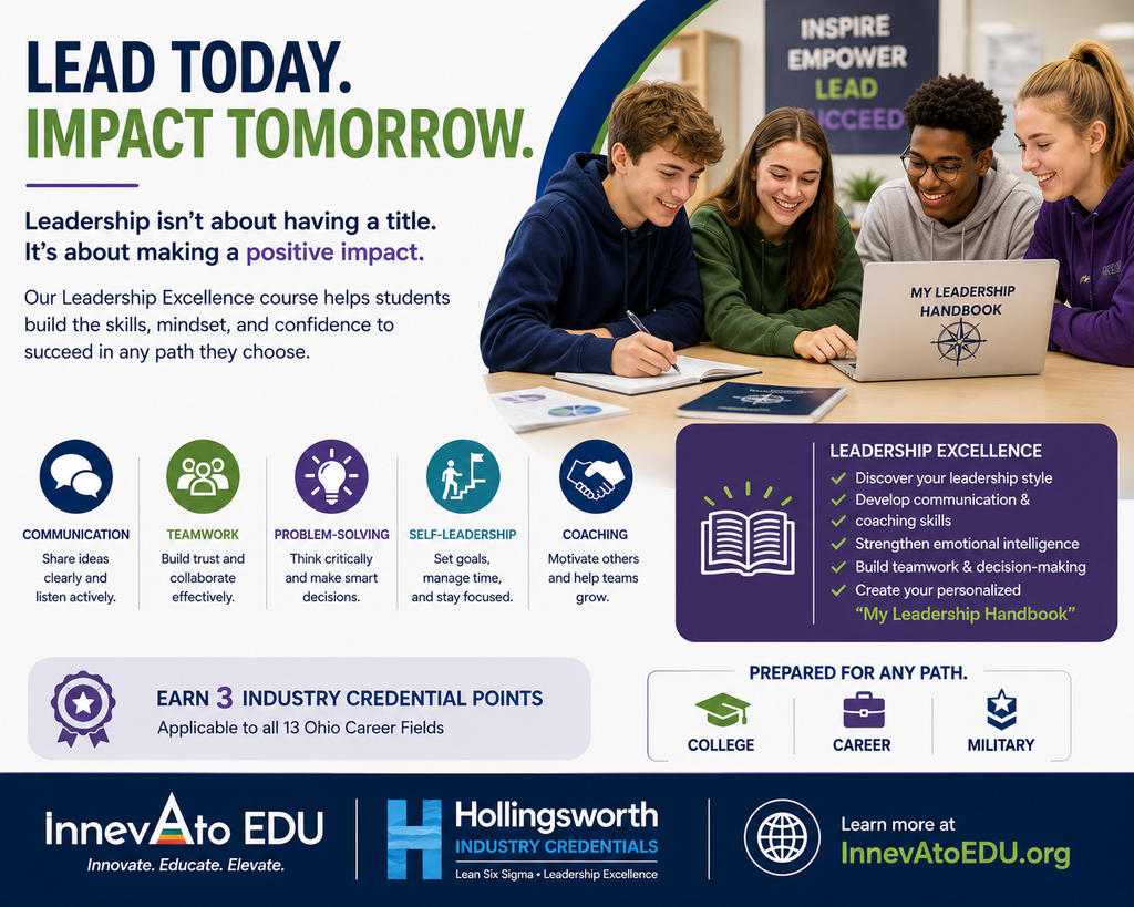Leadership isn't about having a title. It's about making a positive impact. Our Leadership Excellence Industry Credential helps students build the skills they'll use for the rest of their lives. Students will: Discover their leadership style , Develop communication and coaching skills , Strengthen emotional intelligence , Build teamwork and decision-making skills , Create a personalized My Leadership Handbook they can use long after graduation. The course prepares students for success whether they pursue college, the workforce, or military service while earning three Industry Credential points applicable across all 13 Ohio career fields. Because every student has the potential to lead.