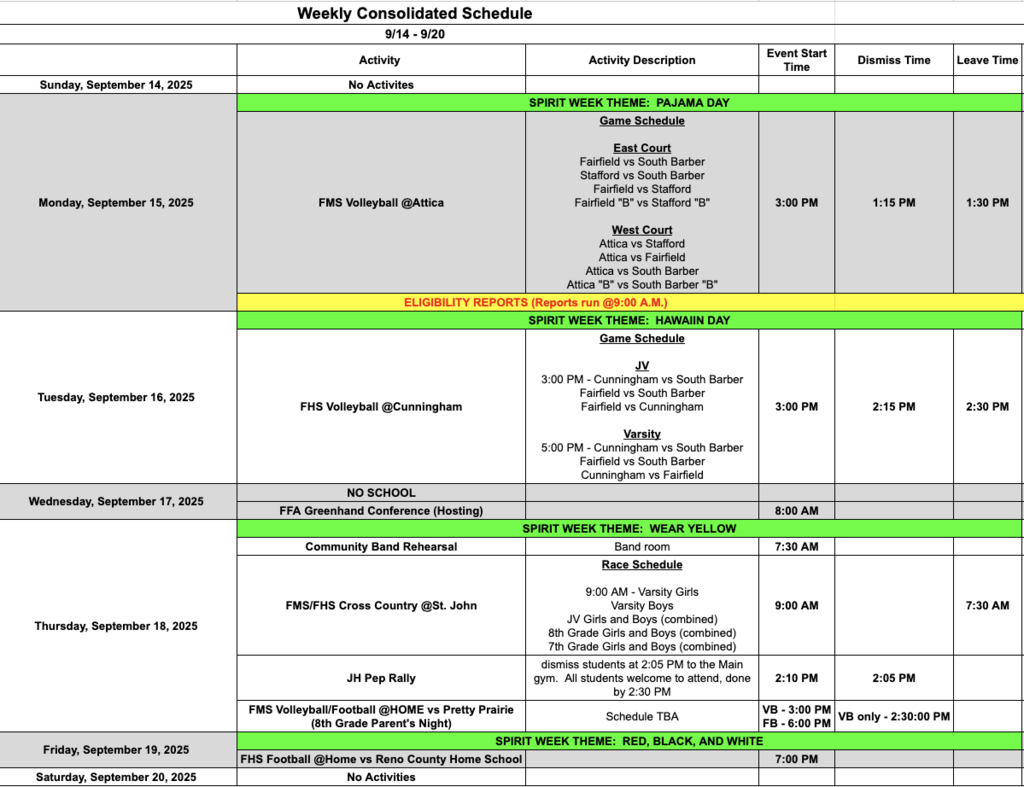 Fairfield Schools Weekly Consolidated Schedule