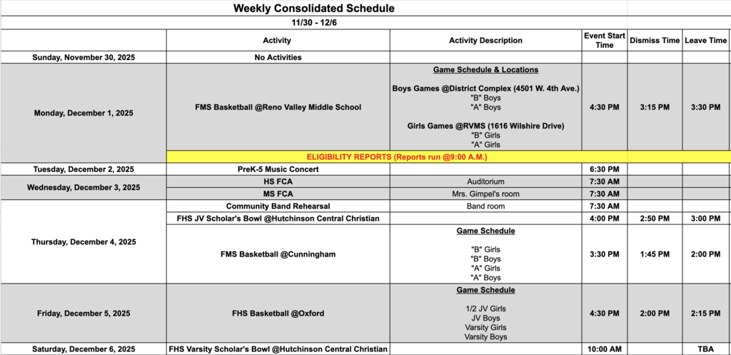 Fairfield Schools Weekly Consolidated Schedule