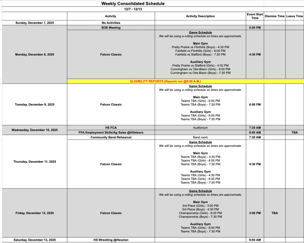 Fairfield Schools Weekly Consolidated Schedule