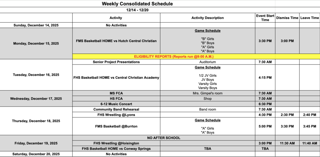 Fairfield Schools Weekly Consolidated Schedule